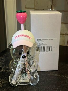 Starbucks Bearista Glass Drink Cup with Pink Strawberry Lid